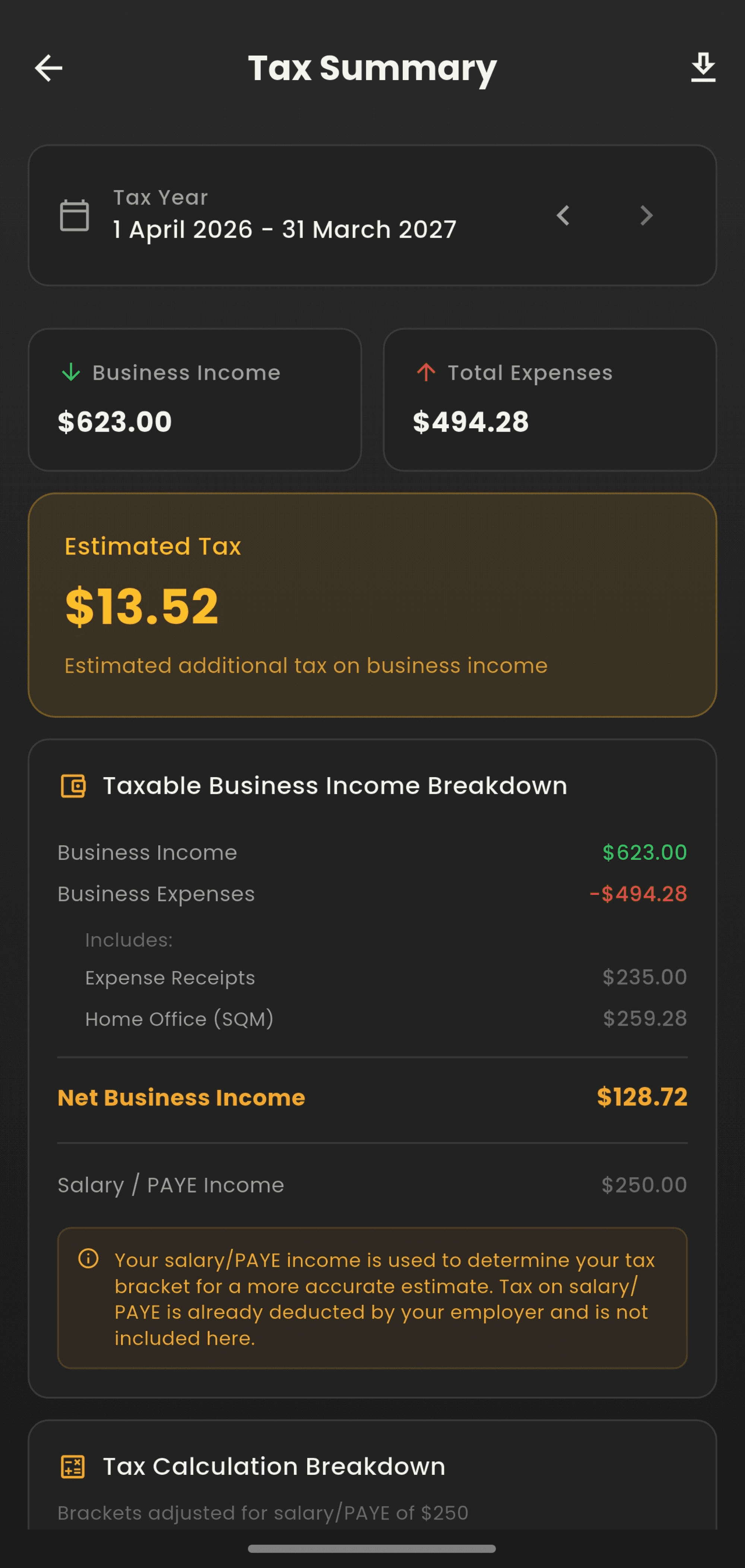 TAXit tax summary showing taxable business income breakdown, salary/PAYE, and total estimated tax